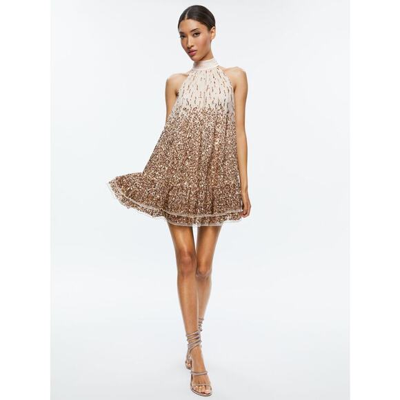 Alice + Olivia Zenon Cape Mini Dress Sequin-Embellished Rose Gold Size US 2 - Picture 10 of 10